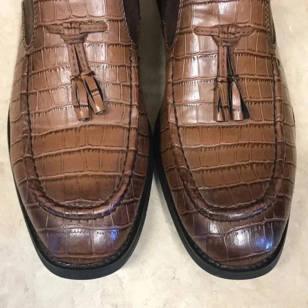 Chukka Brown‎ Two Tone PU Leather Alligator Tassel Ankle Boots - Picture 4 of 12